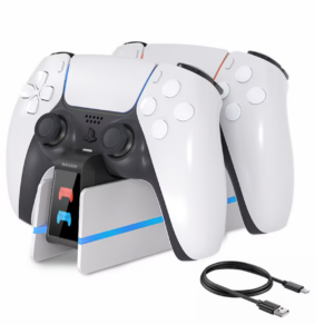 Dock încărcare controller PS5 NAXSIR cu LED reglabil, încărcare rapidă, stație duală pentru controlere PlayStation 5 alb